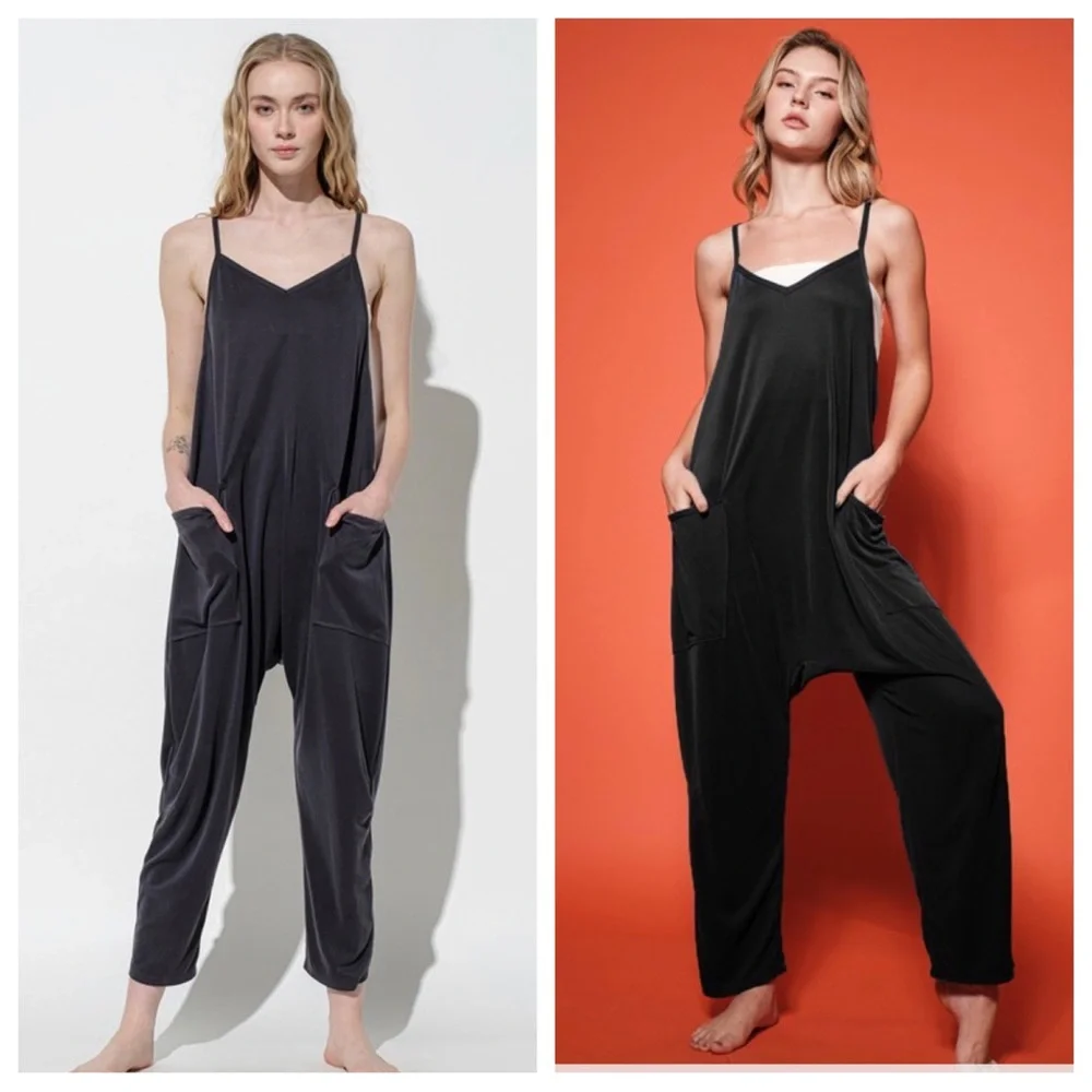 Boho V-Neck Sleeveless Solid Harem Jumpsuit - Picture 2 of 2